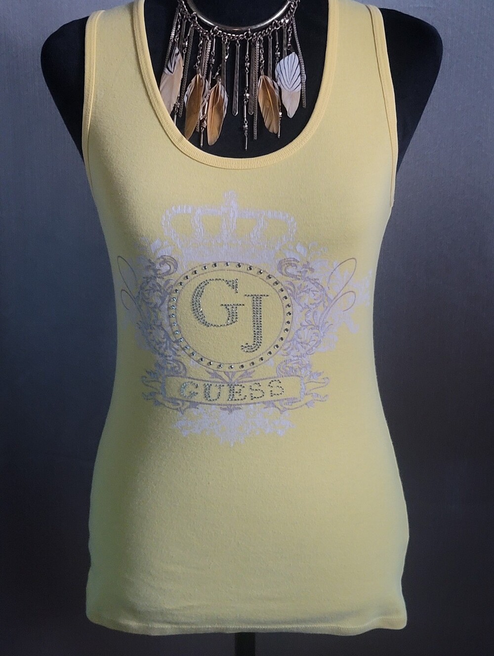 GUESS Pale Yellow Crest Tank Top with Rhinestone Detail